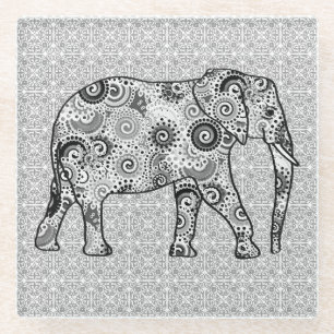 Fractal swirl elephant - grey, black and white glass coaster
