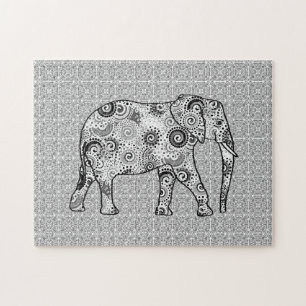 Fractal Swirl Elephant, Grey, Black and White Jigsaw Puzzle