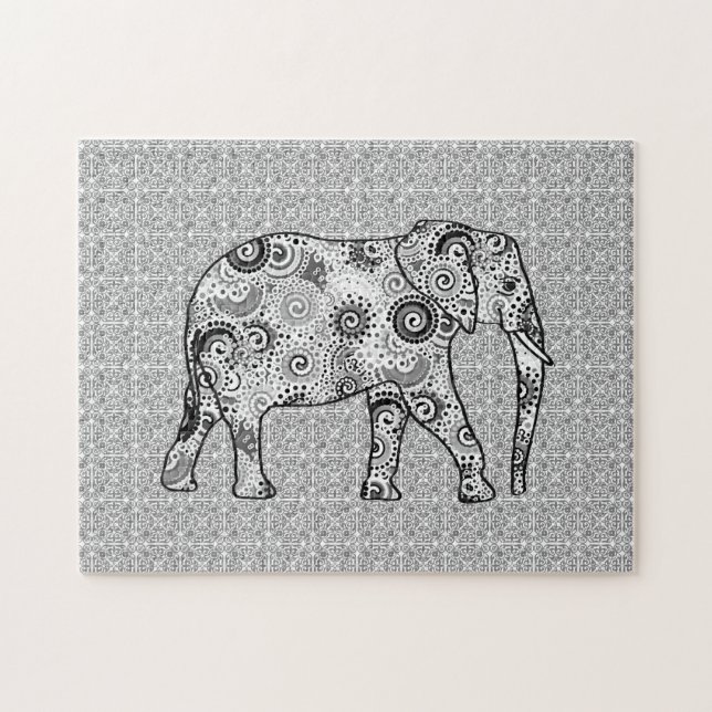 Fractal Swirl Elephant, Grey, Black and White Jigsaw Puzzle (Horizontal)