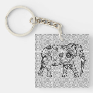 Fractal swirl elephant - grey, black and white key ring