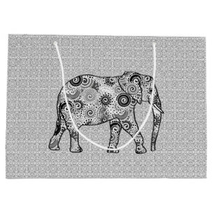 Fractal Swirl Elephant, Grey, Black and White Large Gift Bag
