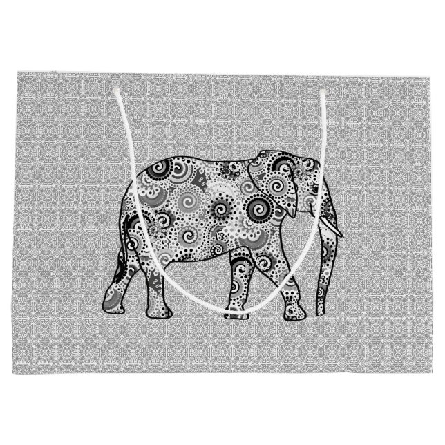 Fractal Swirl Elephant, Grey, Black and White Large Gift Bag (Back)