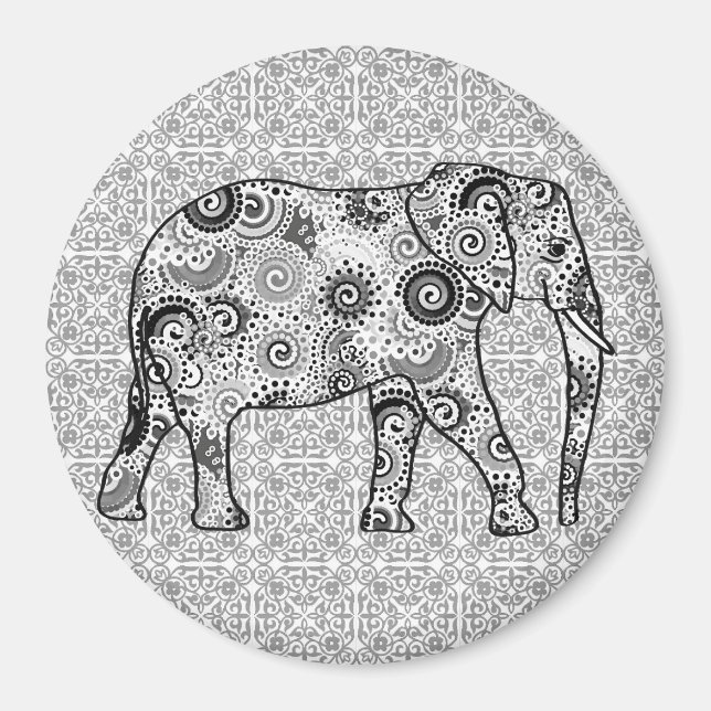 Fractal swirl elephant - grey, black and white magnet (Front)