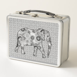 Fractal swirl elephant, grey, black and white metal lunch box