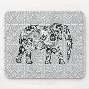 Fractal swirl elephant - grey, black and white mouse mat