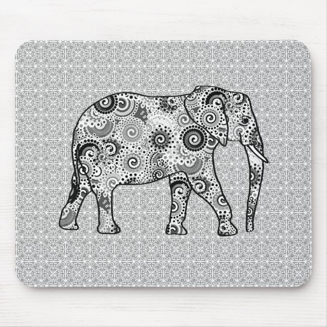 Fractal swirl elephant - grey, black and white mouse mat (Front)