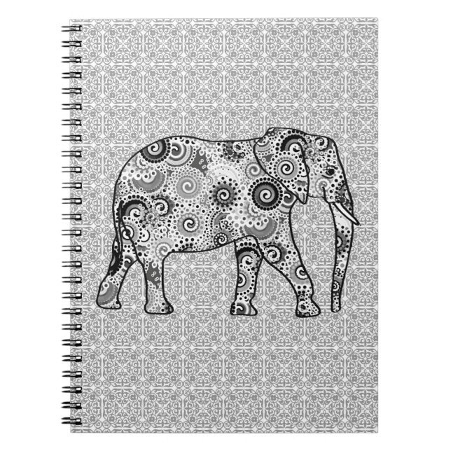 Fractal swirl elephant - grey, black and white notebook (Front)