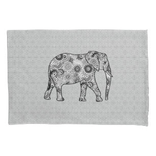 Fractal swirl elephant - grey, black and white pillowcase