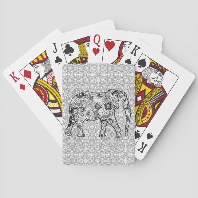 Fractal swirl elephant - grey, black and white playing cards (Back)