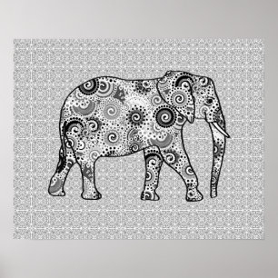Fractal swirl elephant - grey, black and white poster