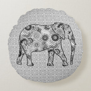 Fractal swirl elephant - grey, black and white round cushion