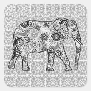 Fractal swirl elephant - grey, black and white square sticker