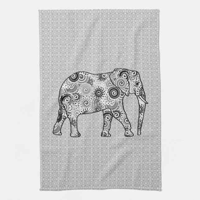Fractal swirl elephant - grey, black and white tea towel (Vertical)