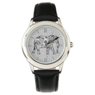 Fractal swirl elephant - grey, black and white watch