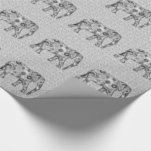 Fractal swirl elephant - grey, black and white wrapping paper