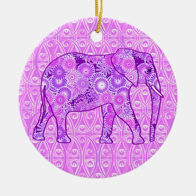 Fractal swirl elephant - purple and orchid ceramic tree decoration (Front)