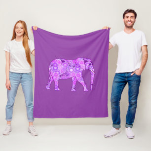 Fractal swirl elephant, purple and orchid fleece blanket