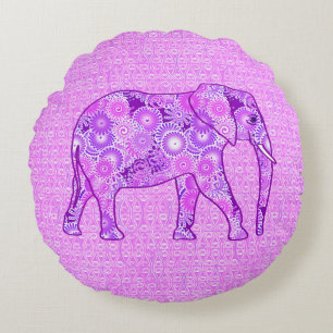 Fractal swirl elephant - purple and orchid round cushion