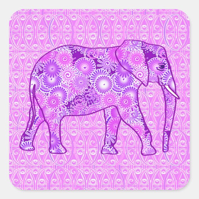 Fractal swirl elephant - purple and orchid square sticker (Front)