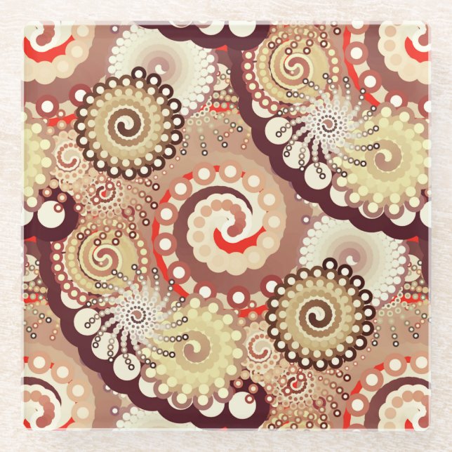 Fractal swirl pattern, chocolate and cream glass coaster (Front)
