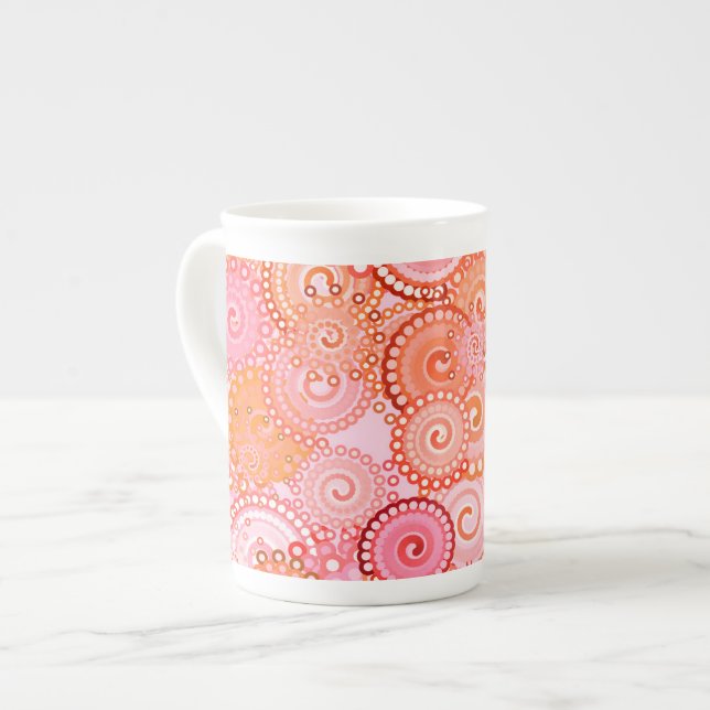 Fractal swirl pattern, coral and pink bone china mug (Front Left)