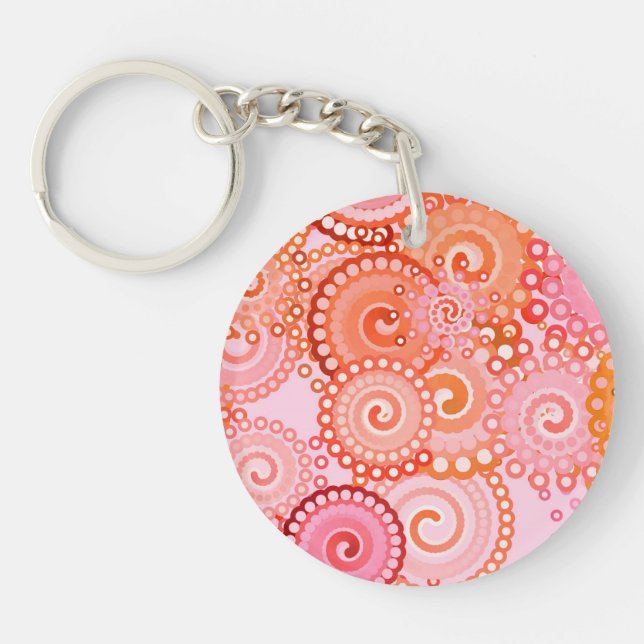 Fractal swirl pattern, coral and pink key ring (Front)