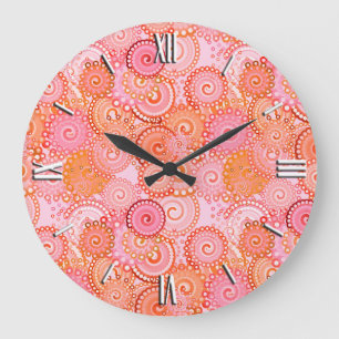 Fractal swirl pattern, coral and pink large clock