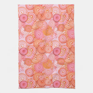 Fractal swirl pattern, coral and pink tea towel
