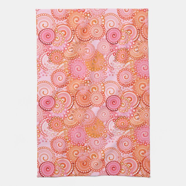 Fractal swirl pattern, coral and pink tea towel (Vertical)