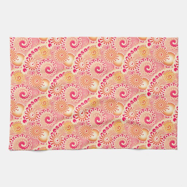 Fractal swirl pattern, coral, peach tea towel (Horizontal)