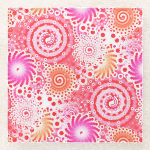 Fractal swirl pattern, coral, pink and cream glass coaster