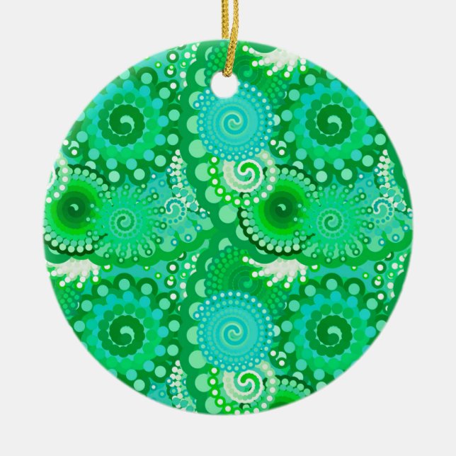 Fractal swirl pattern, jade, turquoise, aqua ceramic tree decoration (Front)
