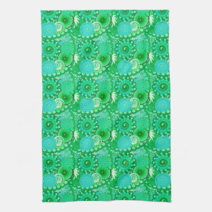 Fractal swirl pattern, jade, turquoise, aqua tea towel