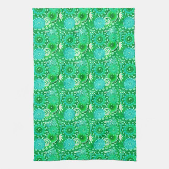 Fractal swirl pattern, jade, turquoise, aqua tea towel (Vertical)
