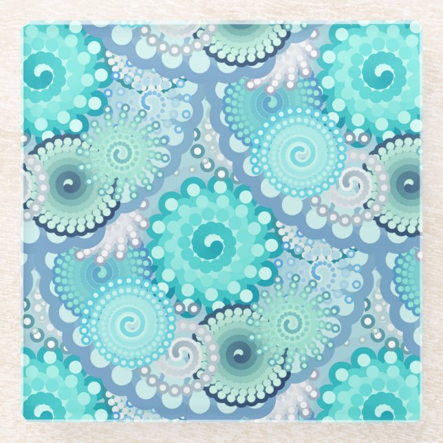 Fractal swirl pattern, Light Blue and Aqua Glass Coaster (Front)