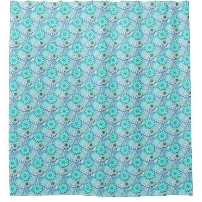 Fractal Swirl pattern, Light Blue and Aqua Shower Curtain (Front)