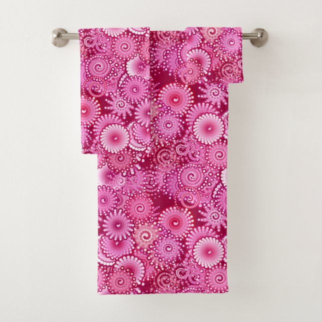 Fractal Swirl Pattern, Magenta, Pink and Burgundy Bath Towel Set (Insitu)