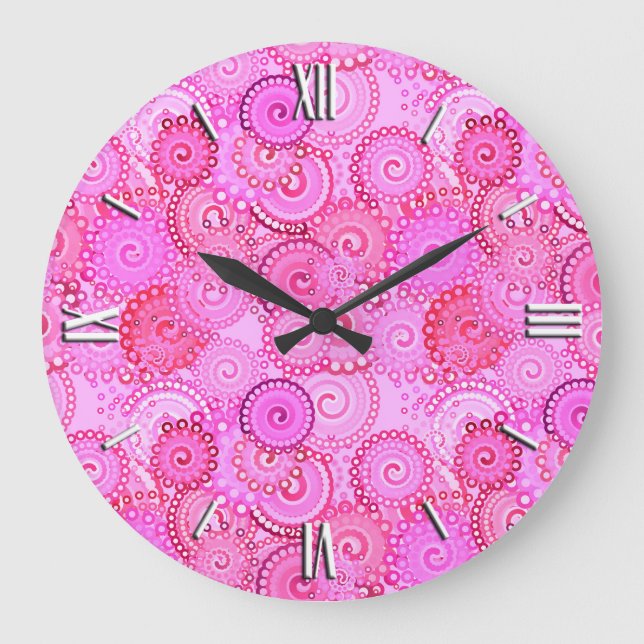 Fractal swirl pattern, pink and fuchsia large clock (Front)
