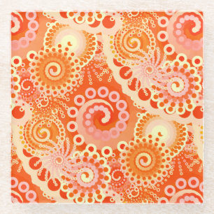 Fractal swirl pattern, shades of coral orange glass coaster