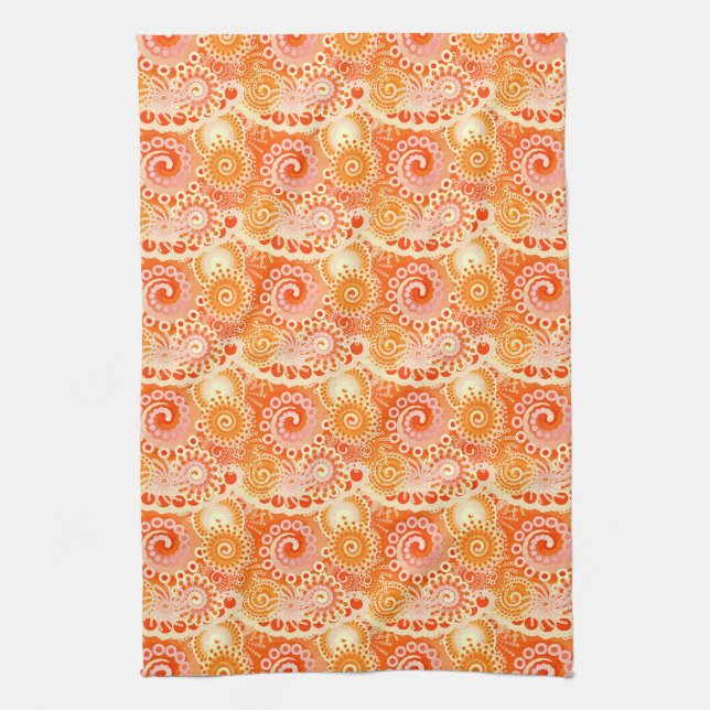 Fractal swirl pattern, shades of coral orange tea towel (Vertical)