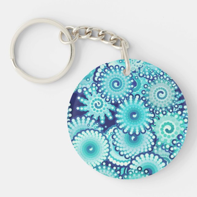 Fractal swirl pattern, shades of denim blue key ring (Front)