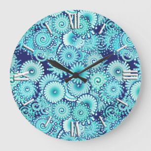 Fractal swirl pattern, shades of denim blue large clock