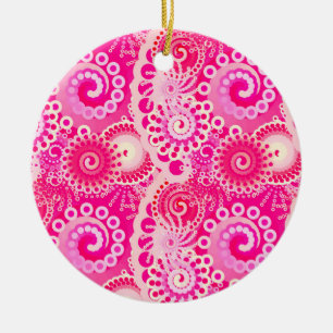 Fractal swirl pattern, shades of fuchsia pink ceramic tree decoration