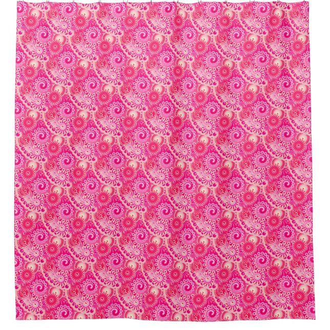 Fractal swirl pattern, shades of fuchsia pink shower curtain (Front)