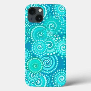 Fractal swirl pattern, shades of ocean blue iPhone 13 case