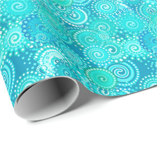 Fractal swirl pattern, shades of ocean blue wrapping paper