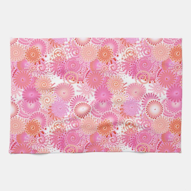 Fractal swirl pattern, shades of pink and coral tea towel (Horizontal)