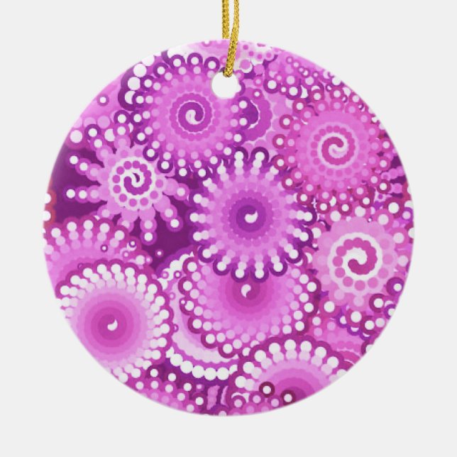 Fractal swirl pattern, shades of plum and violet ceramic tree decoration (Front)