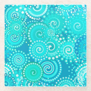Fractal swirl pattern, shades of turquoise glass coaster