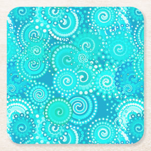 Fractal swirl pattern, shades of turquoise square paper coaster